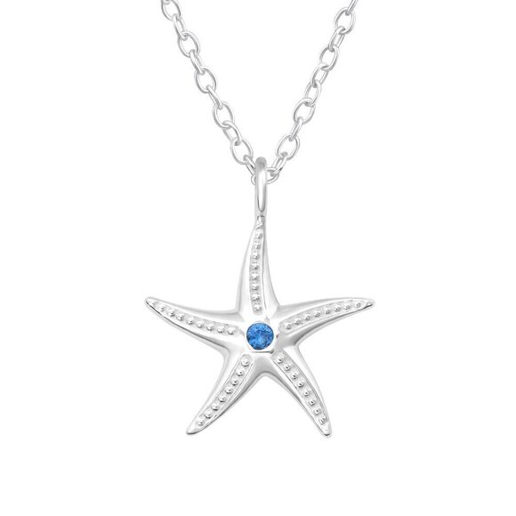 Silver Starfish Pendant Necklace with Blue Accent - Picture 1 of 8